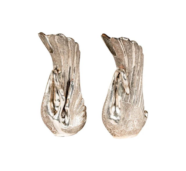 A Pair of Persian Silver Swan Form Vases