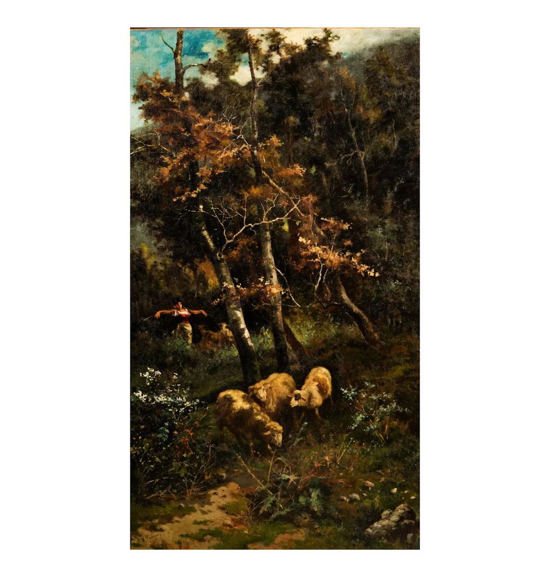 Francesco Capuano, Italian 1854-1908, Sheep and Shepherd in Landscape
