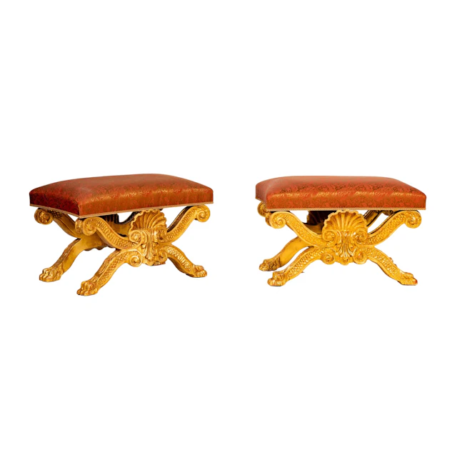 A Pair of Rococo-Style Carved Giltwood and Upholstered Seat Benches