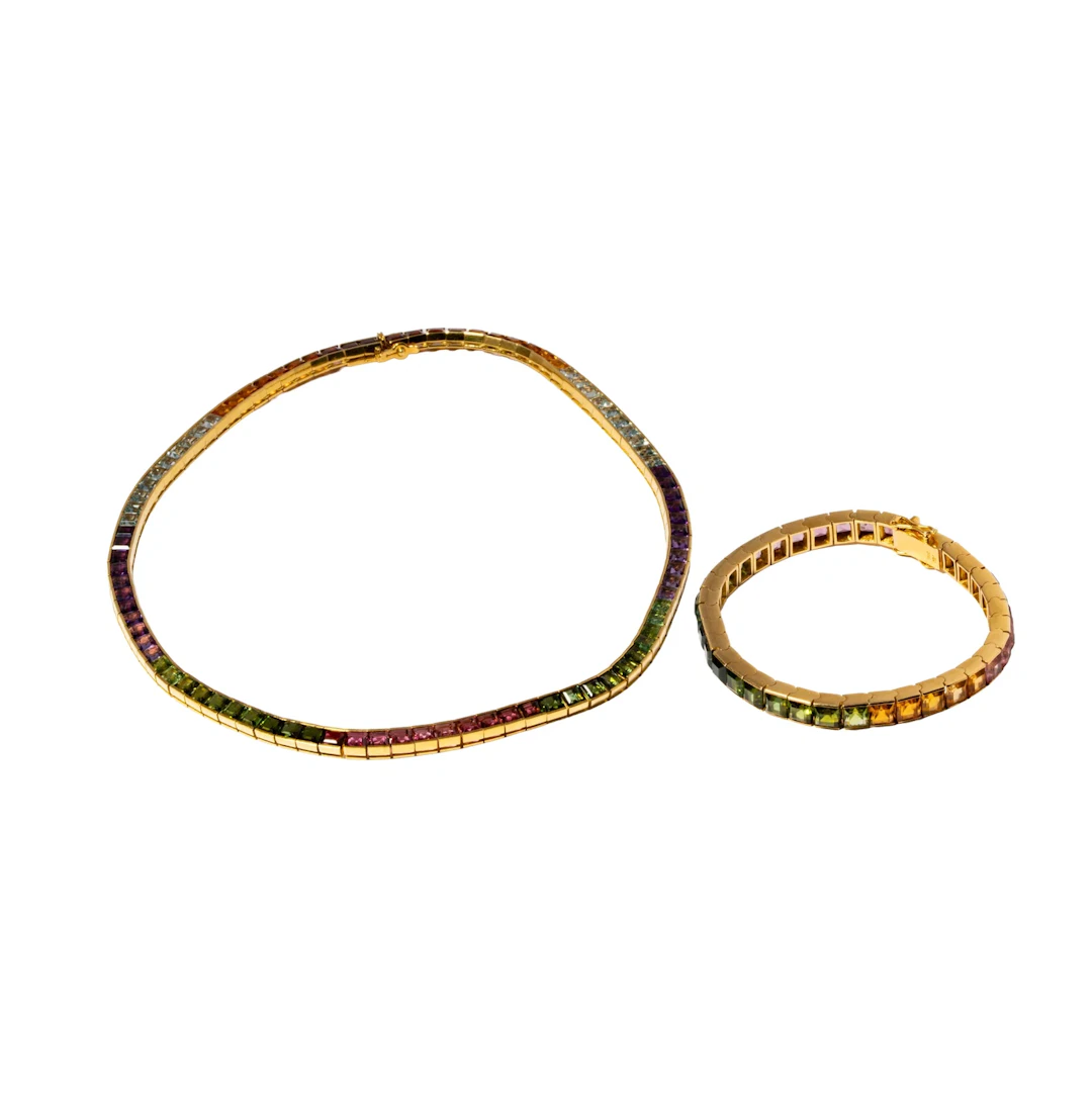18-Karat Rainbow Tourmaline Bracelet and Rainbow Semi-precious Necklace Suite