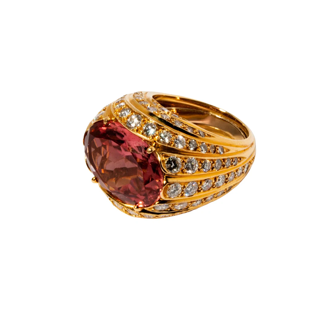 18 Karat Yellow Gold, Diamond, and Pink Tourmaline Ring