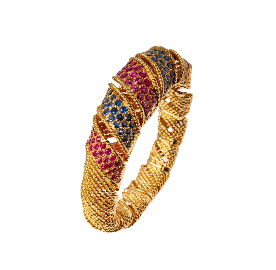 18-Karat Yellow Gold Graduating Ribbon Sapphire and Ruby Bracelet