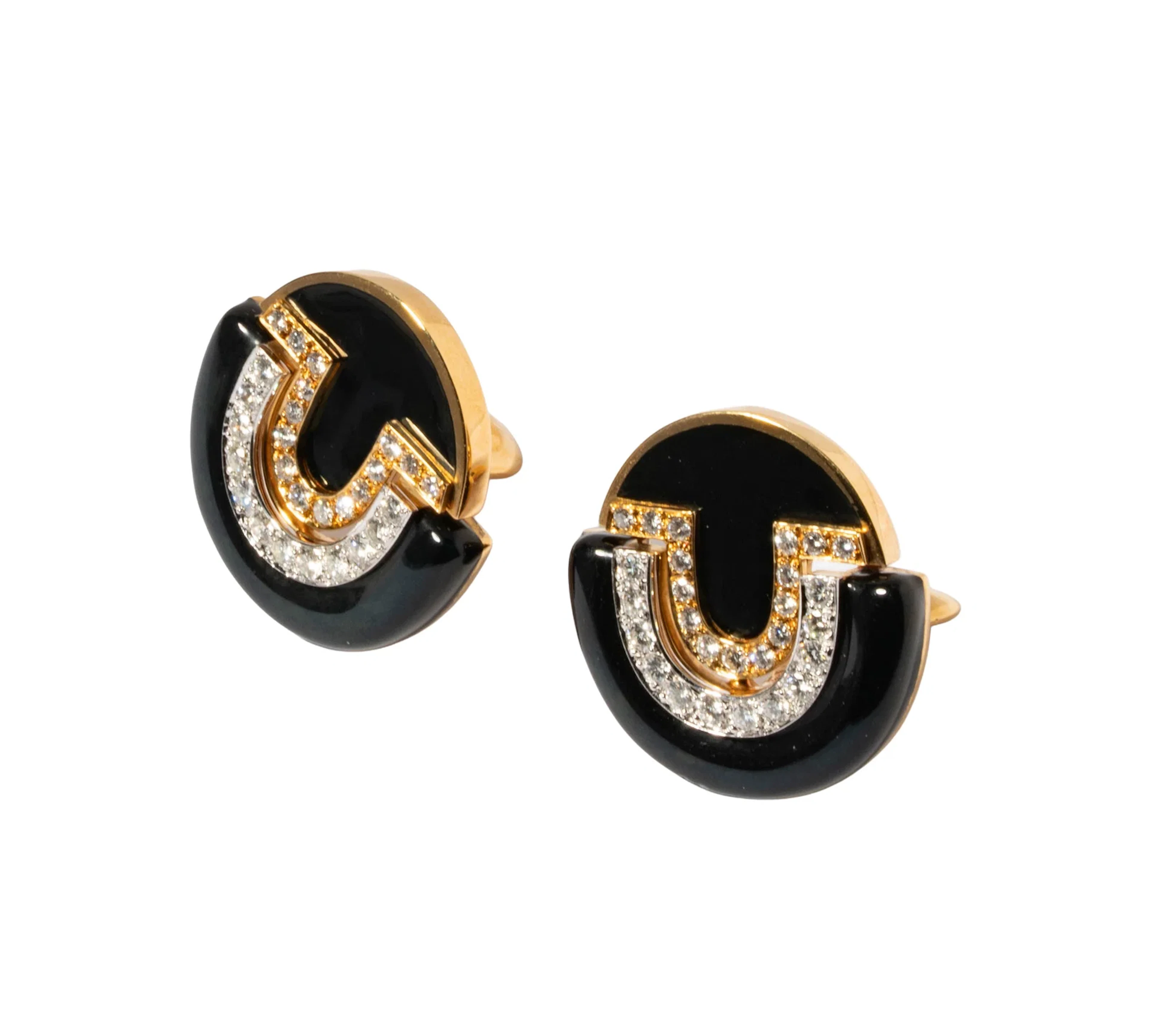 David Webb 18 Karat Yellow Gold, Platinum, Diamond, Onyx, Enamel, Clip Earrings
