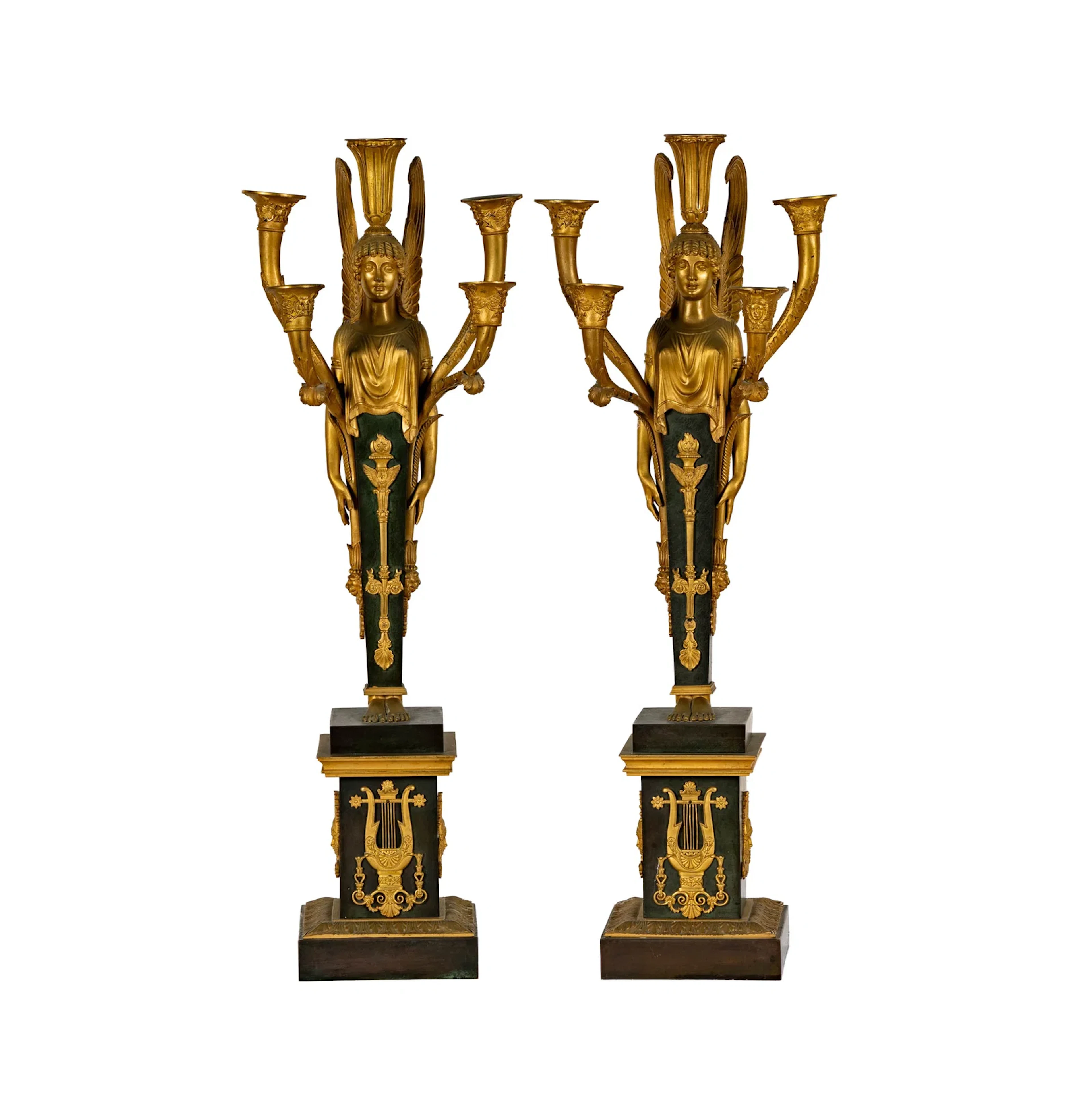 A Pair of French Empire Ormolu and Patinated Bronze Candelabra