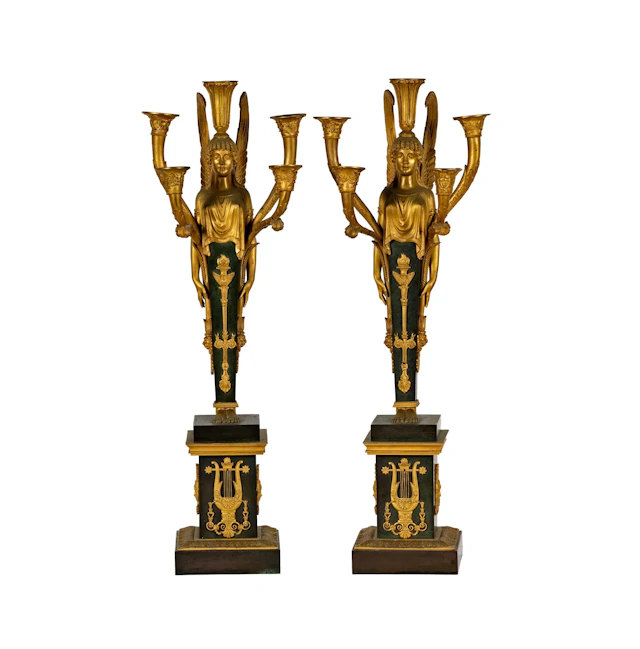 A Pair of French Empire Ormolu and Patinated Bronze Candelabra