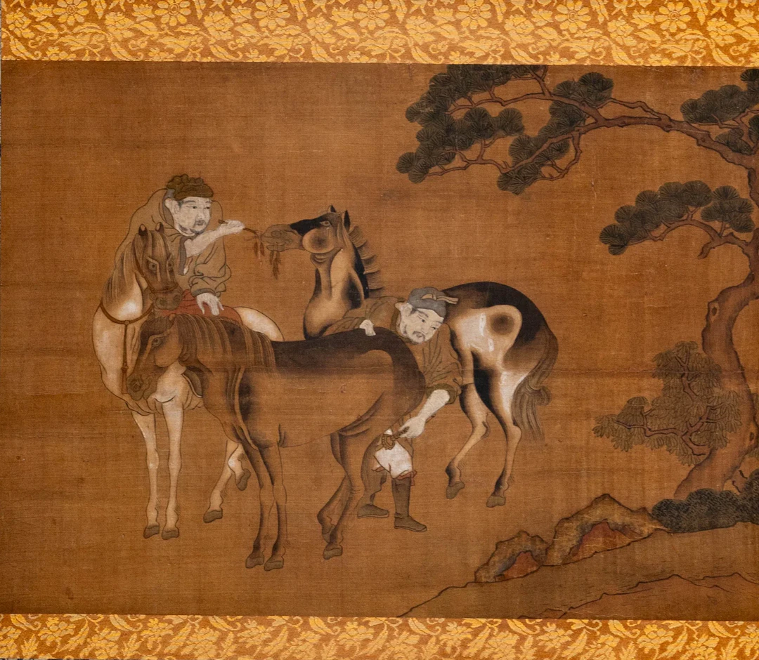 Chinese Scroll Painting of Two Horses and Riders