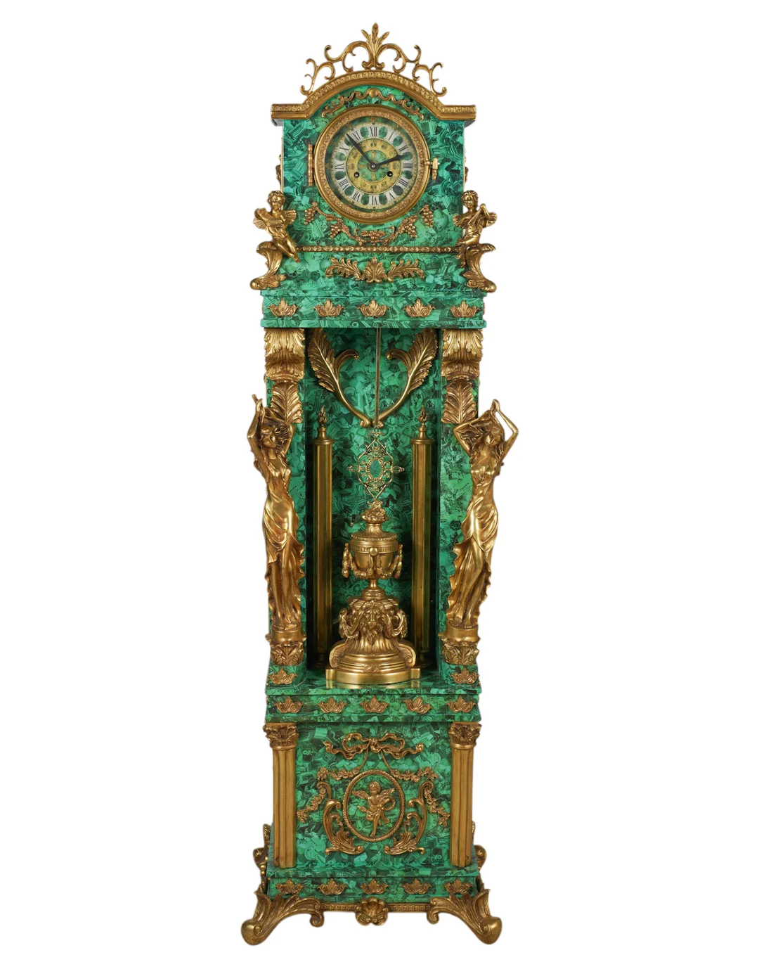 A French Faux Malachite Bronze-Mounted Grandfather's Clock