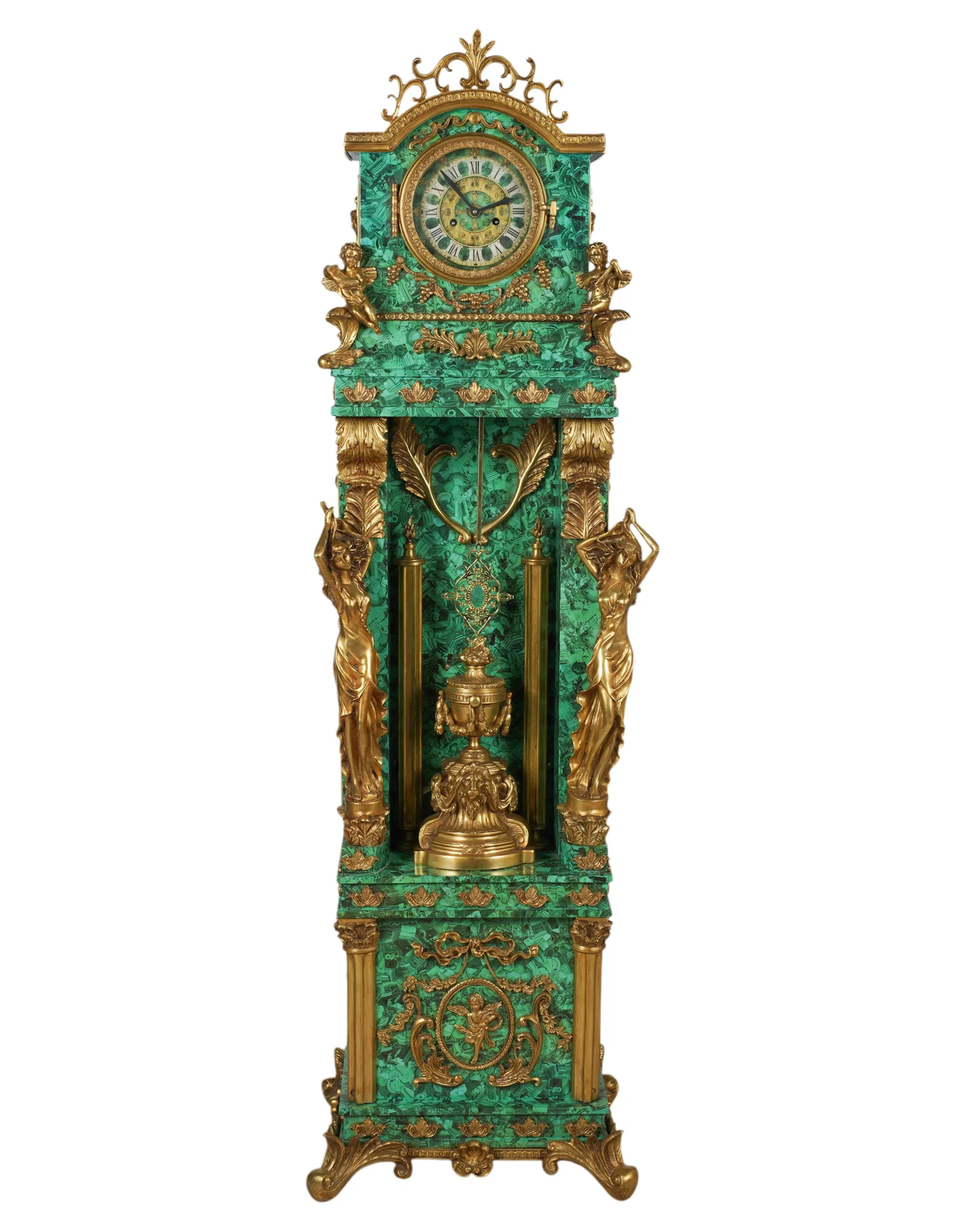 A French Faux Malachite Bronze-Mounted Grandfather's Clock