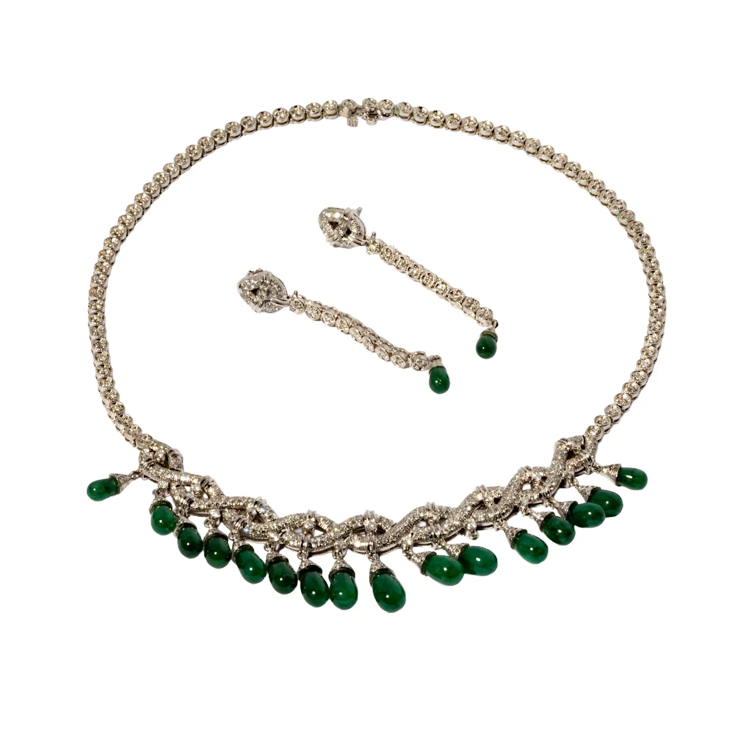 14-Karat White Gold Diamond and Emerald Tassel Necklace and Earring Suite