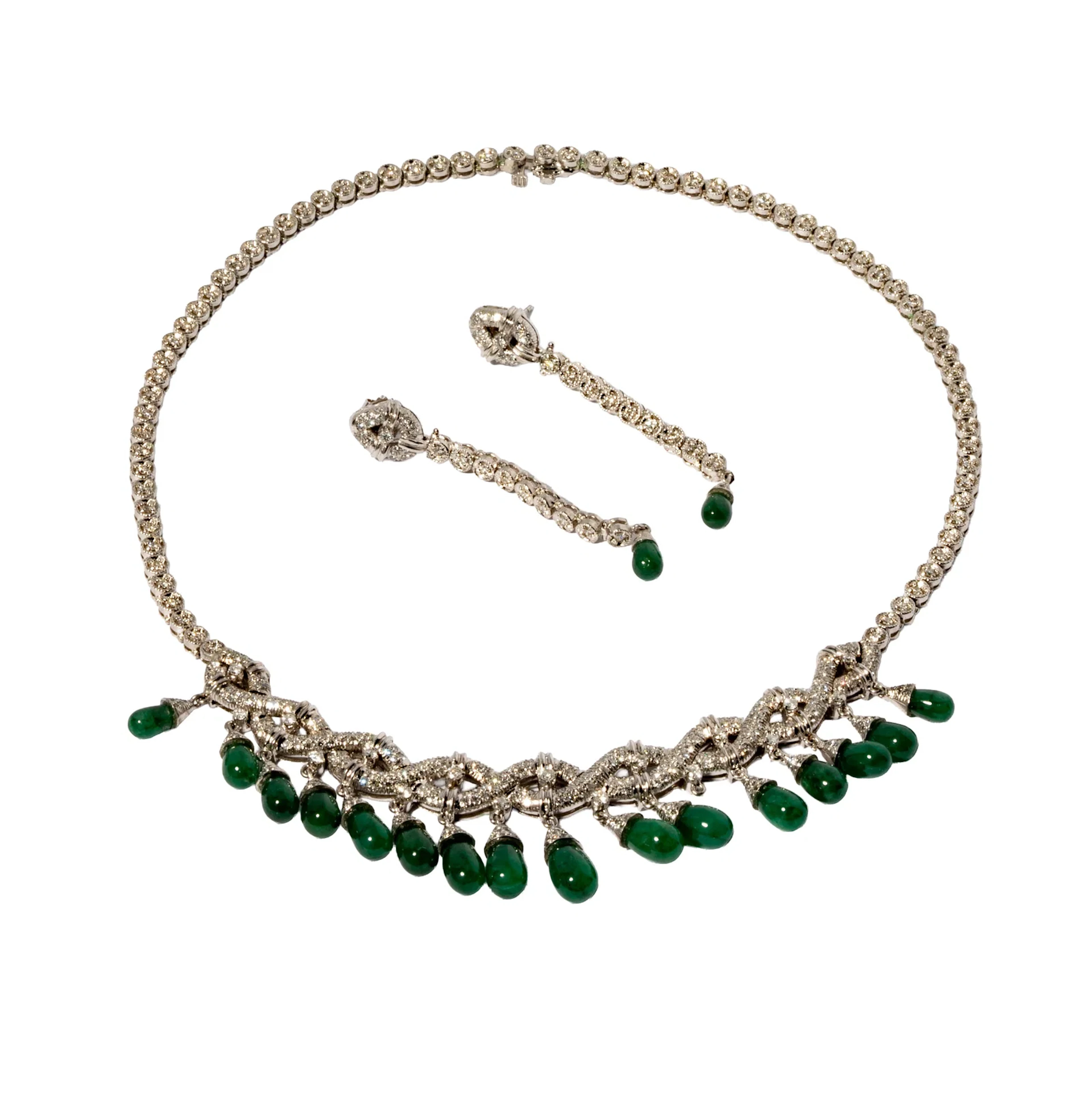 14-Karat White Gold Diamond and Emerald Tassel Necklace and Earring Suite
