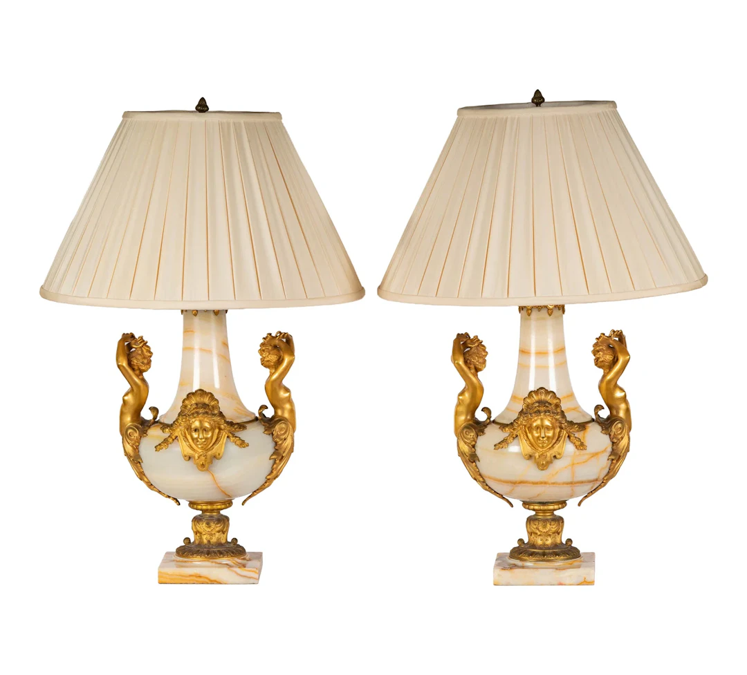 A Pair of French White Onyx Table Lamps