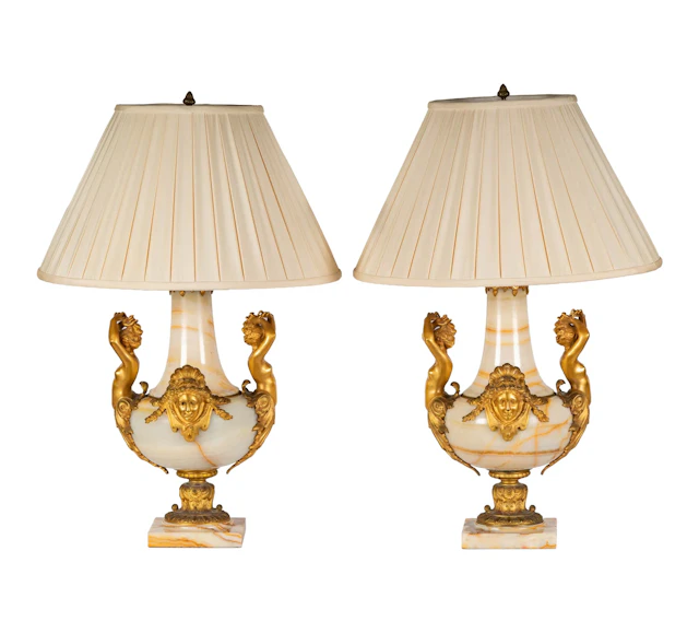 A Pair of French White Onyx Table Lamps