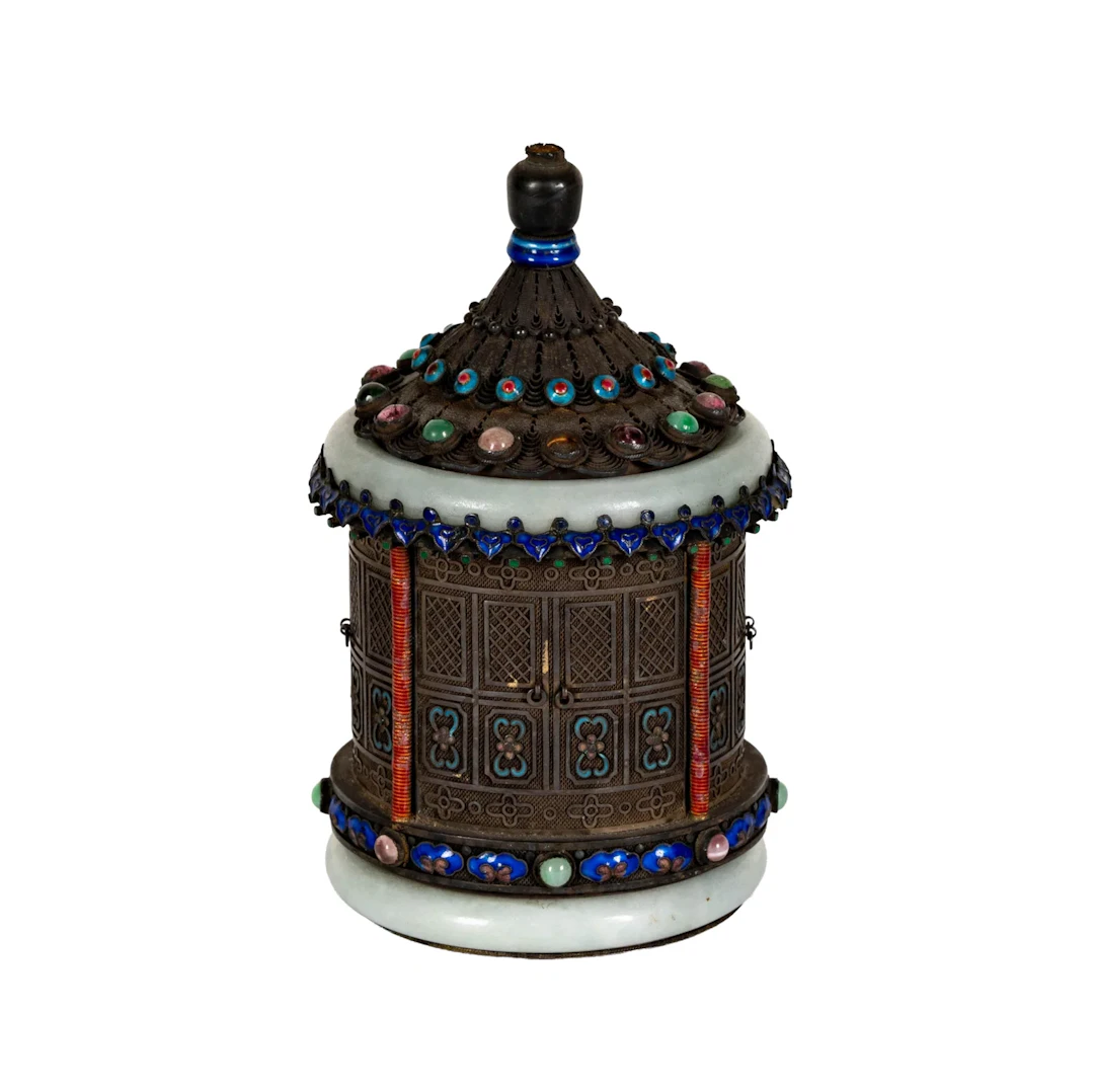 A Chinese Enameled Silver and Jadeite Pagoda Box