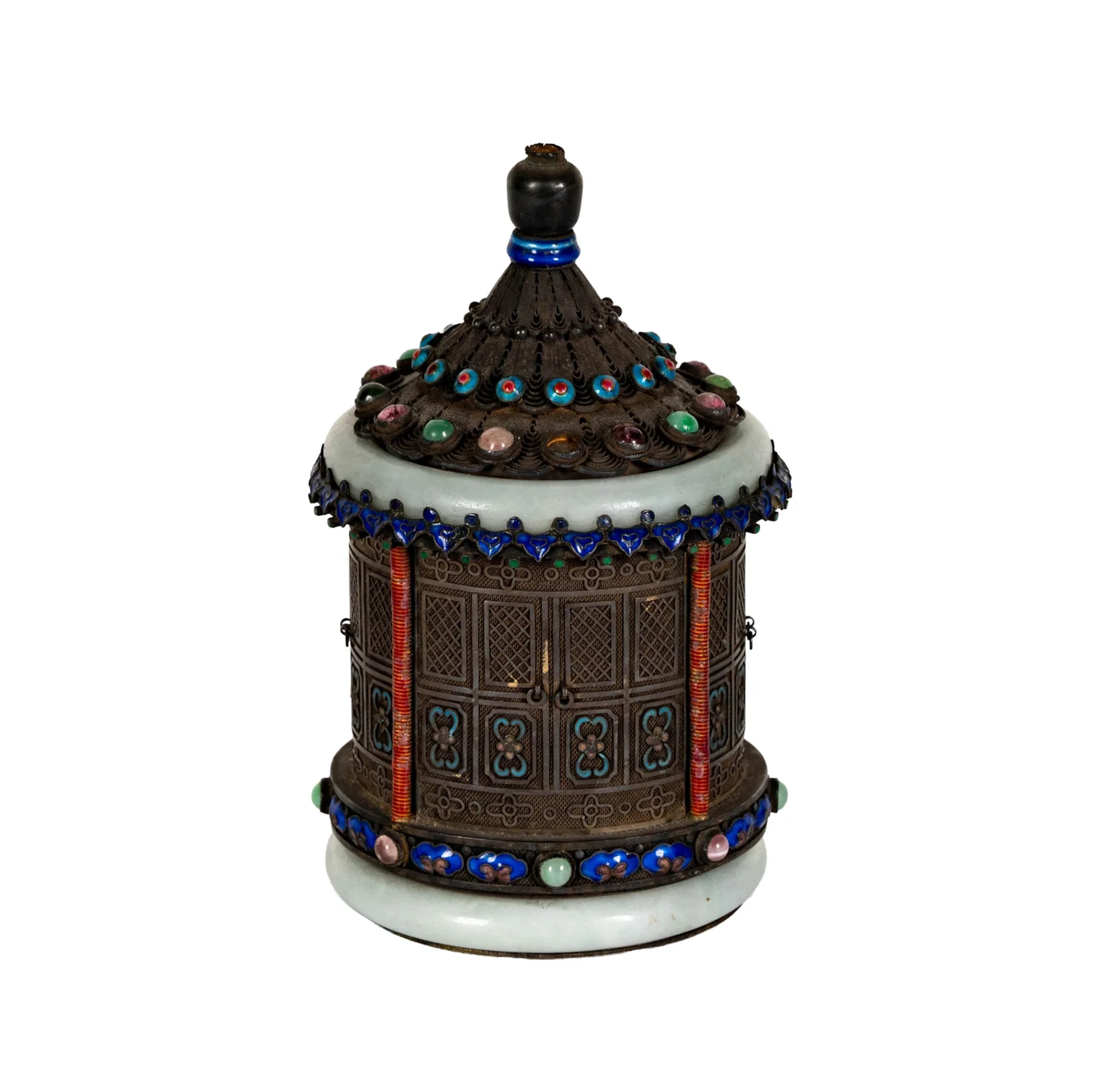 A Chinese Enameled Silver and Jadeite Pagoda Box