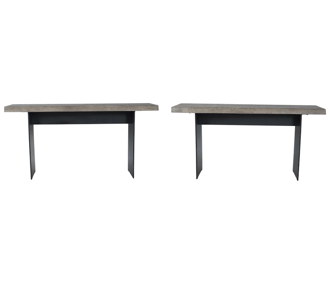 Pair of Restoration Hardware Wood and Metal Consoles