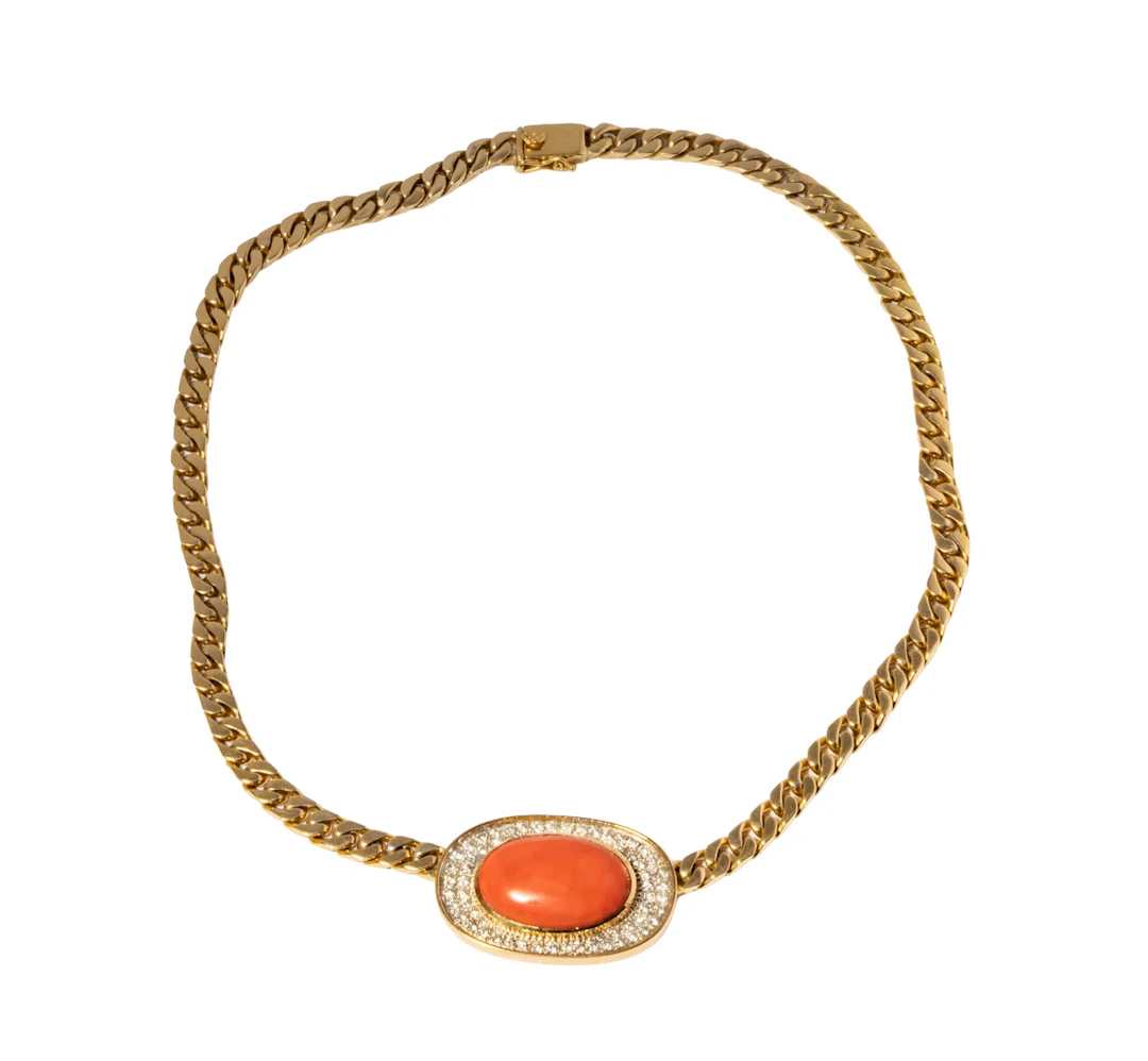 14-Karat Yellow Gold Coral and Diamond Necklace