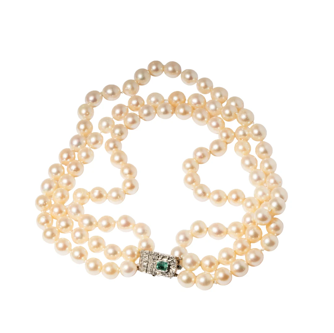 14-Karat White Gold Cultured Pearl Three Strand Necklace with Diamond