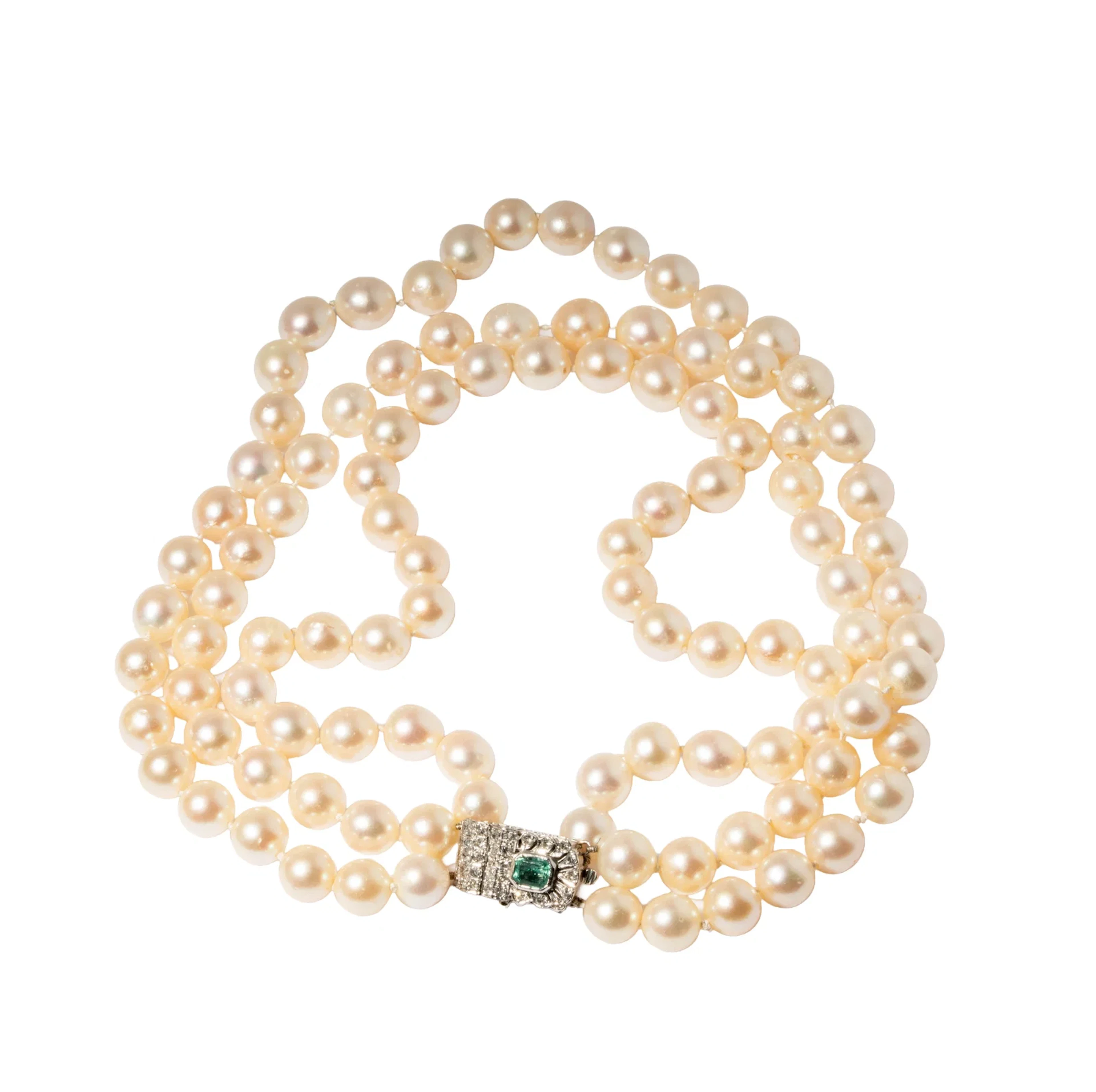 14-Karat White Gold Cultured Pearl Three Strand Necklace with Diamond