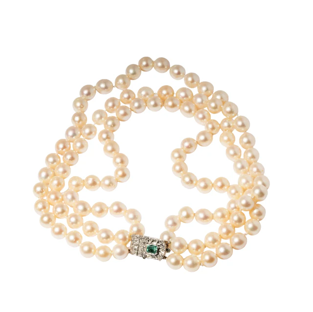 14-Karat White Gold Cultured Pearl Three Strand Necklace with Diamond