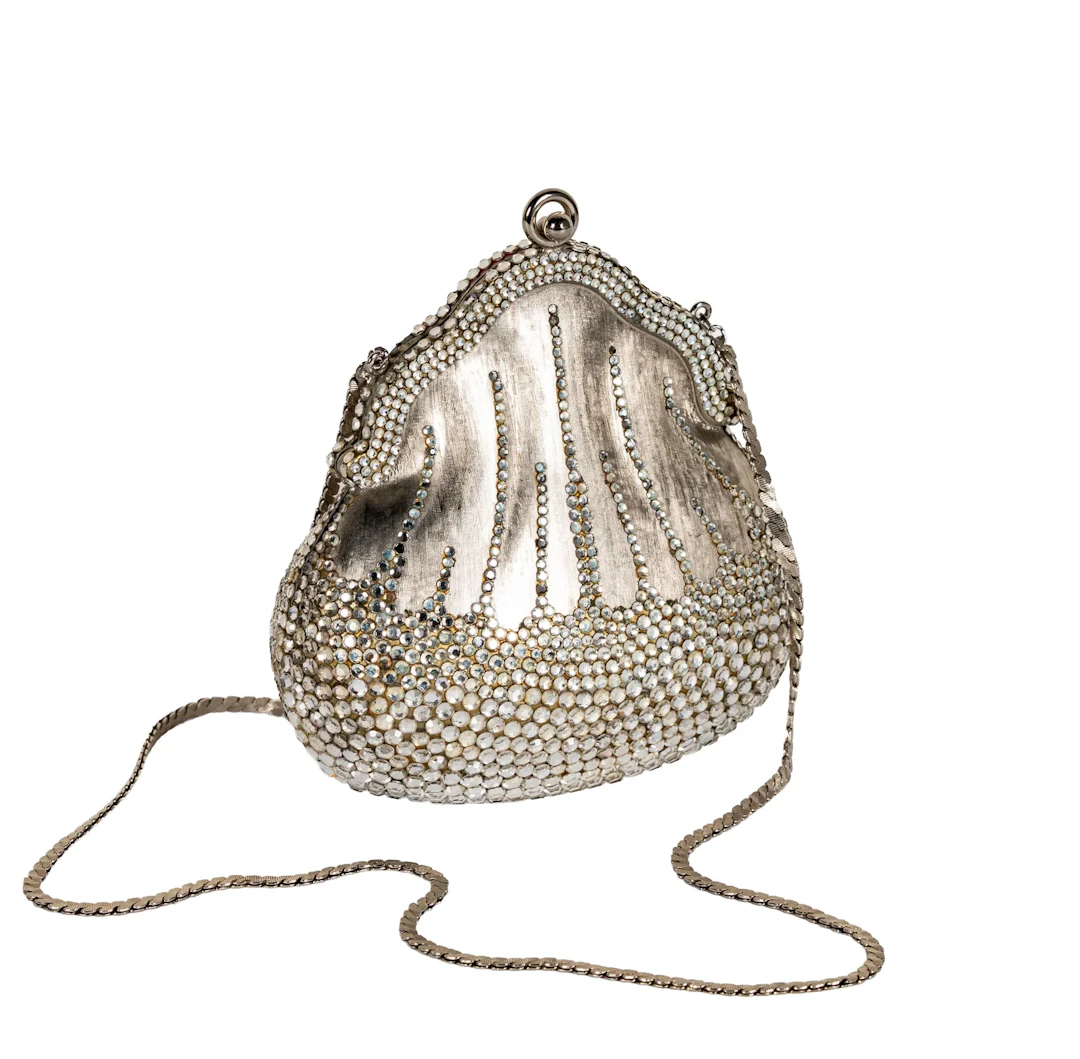 Judith Leiber Silver Colored Rhinestone 'Chatelaine' Minaudiere