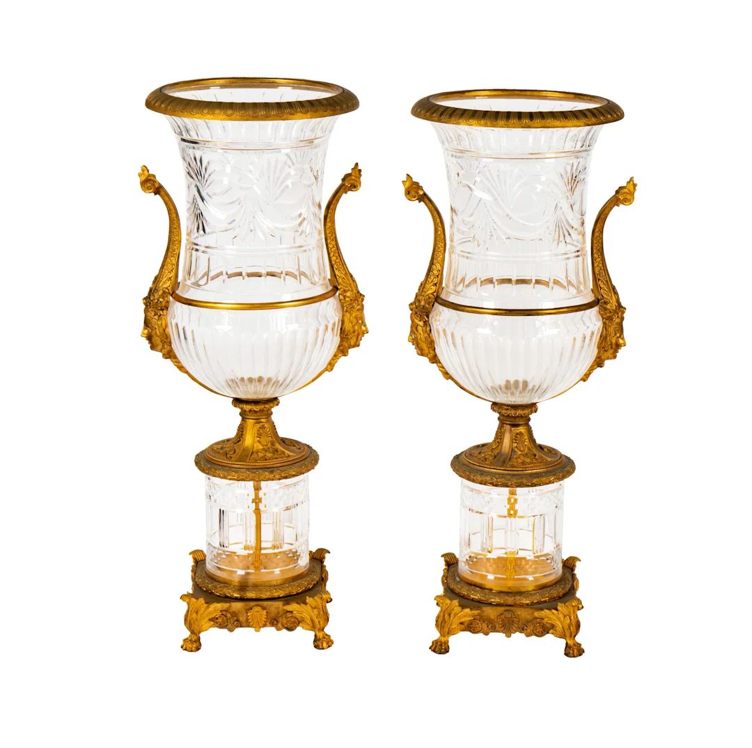 A Pair of Monumental French Crystal and Bronze Mounted Urns