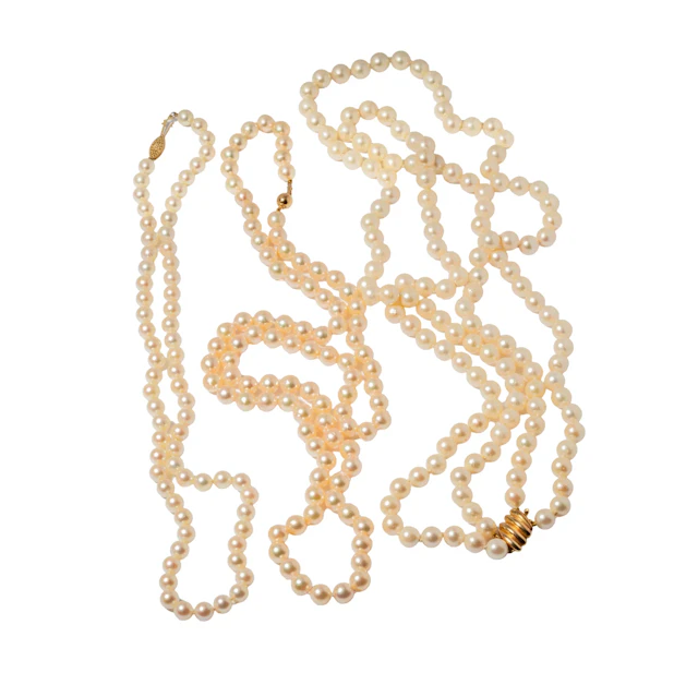 Cultured Pearl Necklace Lot, Three 14-Karat Yellow Gold Cultured Pearl