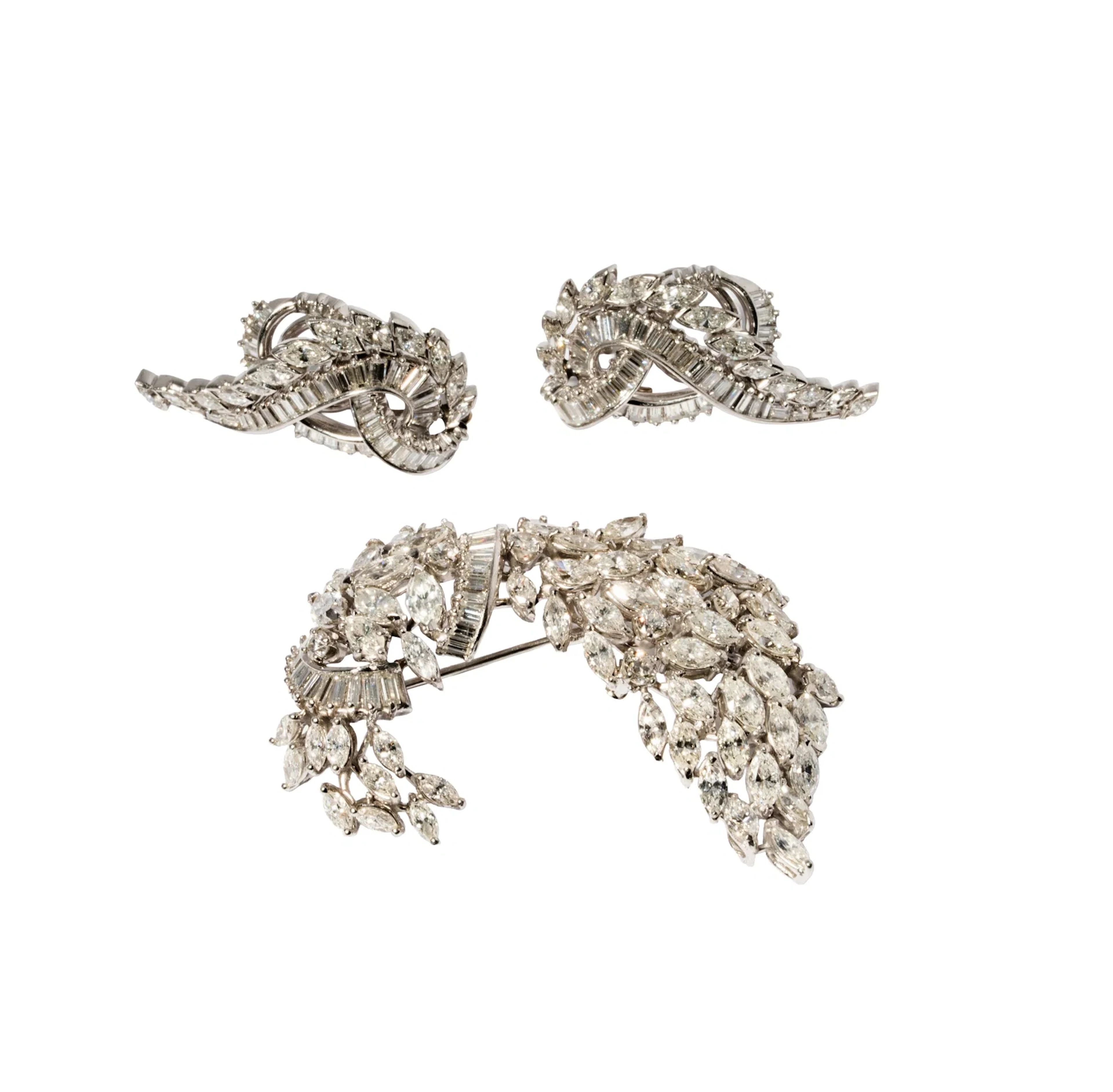 14-Karat White Gold Diamond Spray Earrings and Brooch Suite