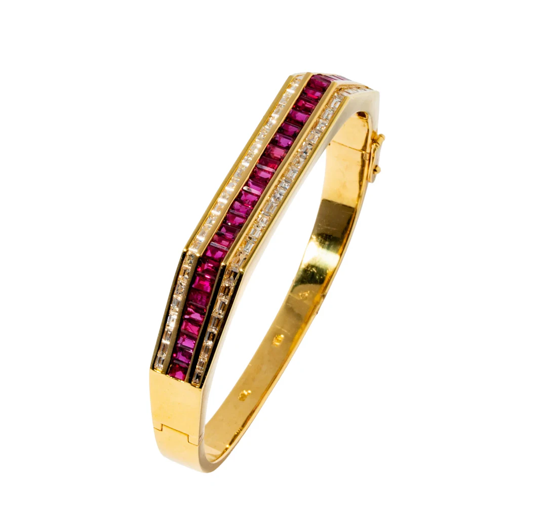 18 Karat Yellow Gold Diamond and Ruby Bangle