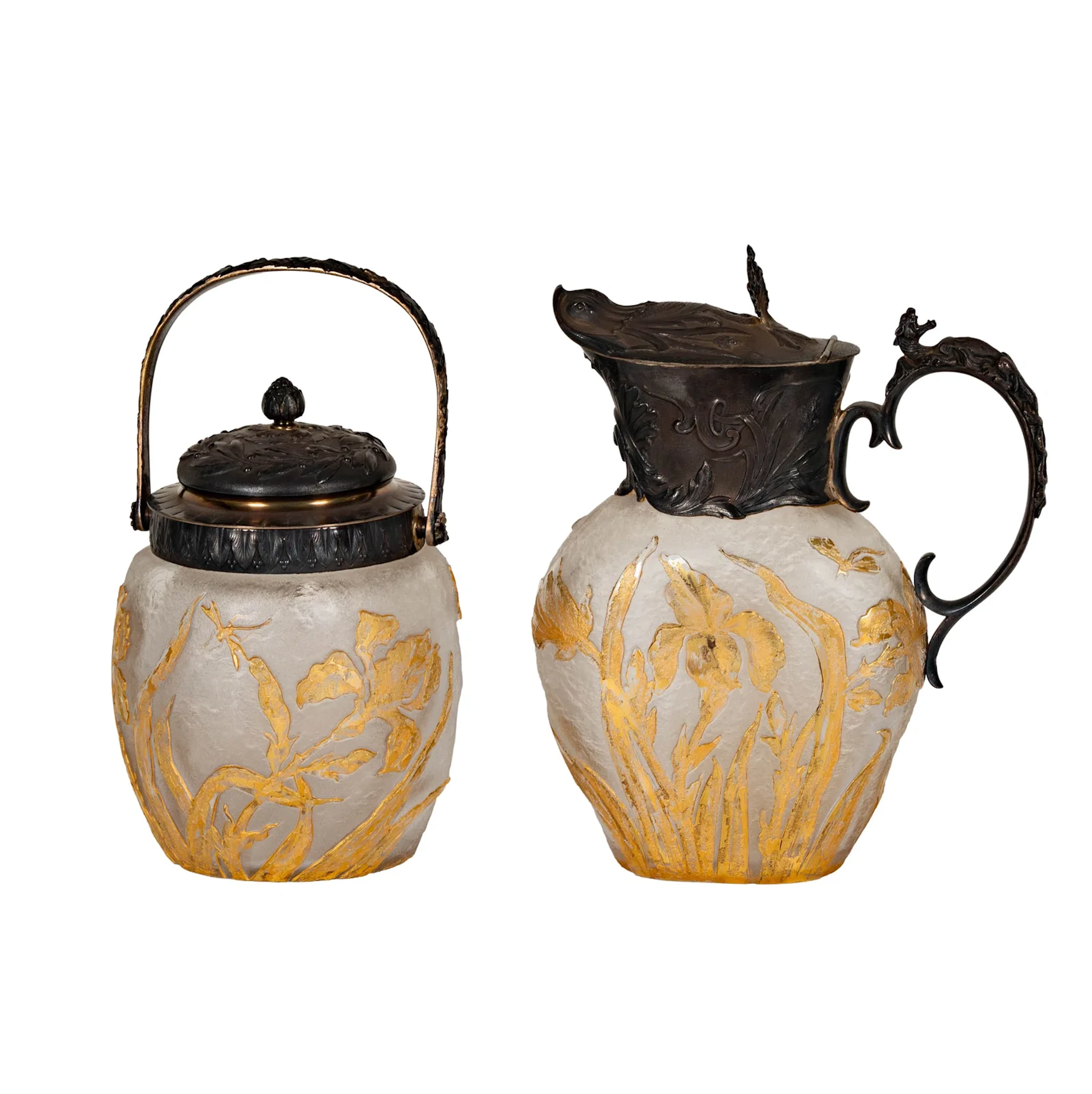 Two Daum Nancy Cameo Glass Biscuit Jar and Pitcher