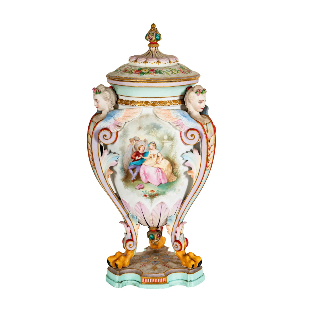 A Jean Gille Hand-Painted French Bisque Urn