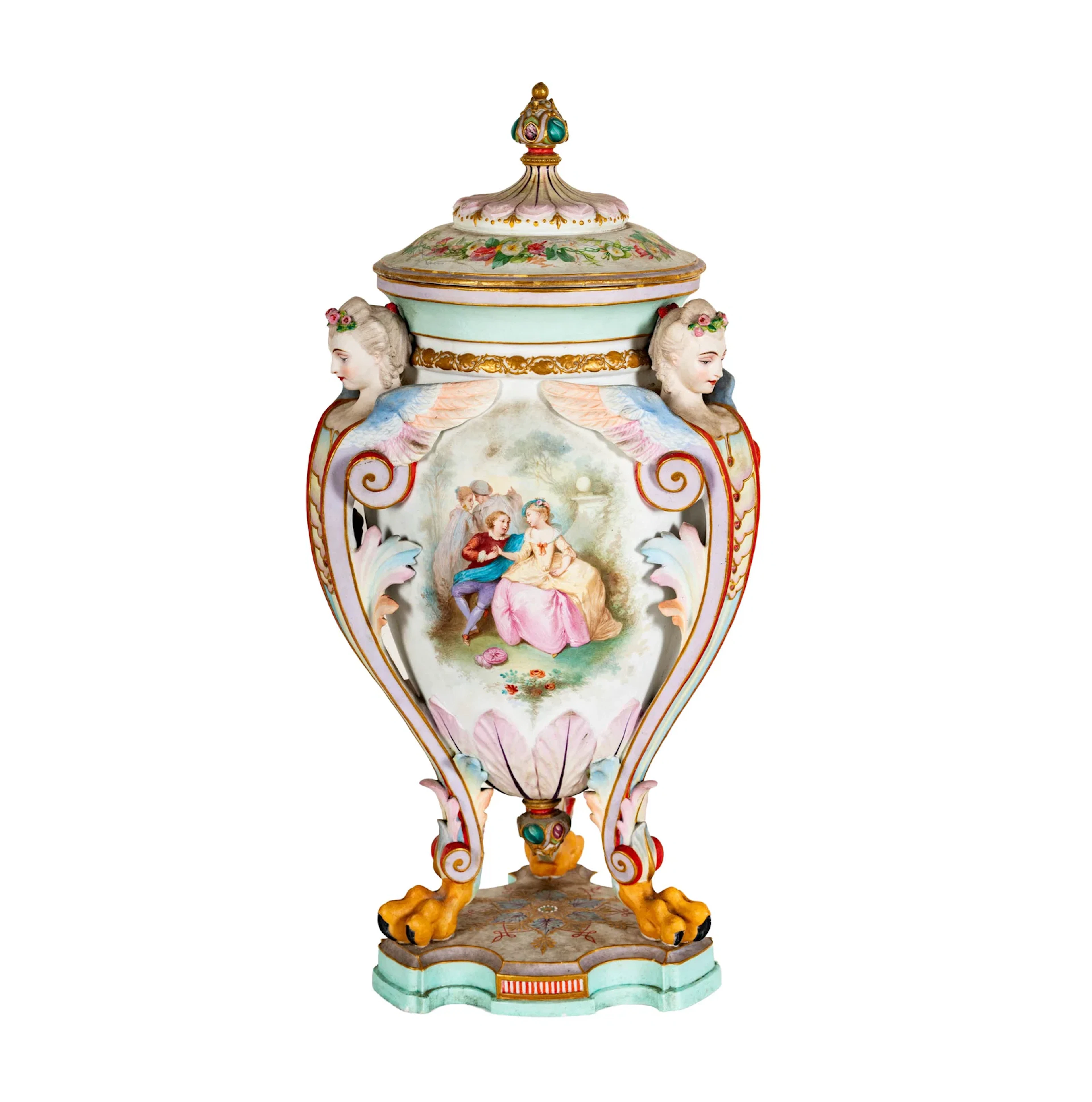 A Jean Gille Hand-Painted French Bisque Urn