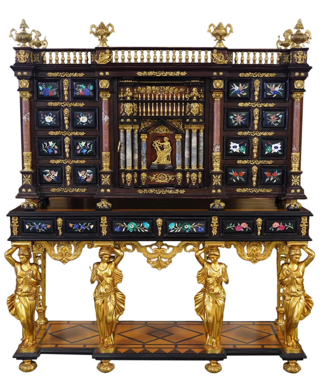 An Italian Pietra Dura Inlaid Vargueno on Stand