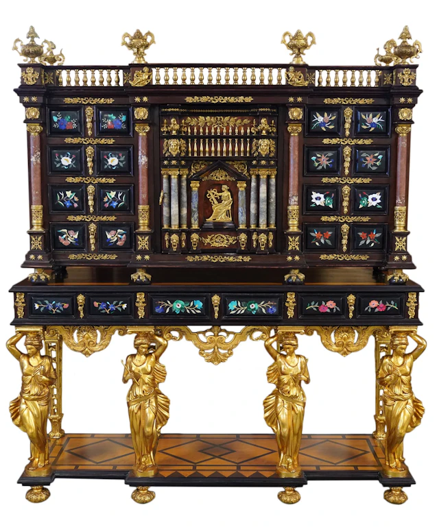 An Italian Pietra Dura Inlaid Vargueno on Stand