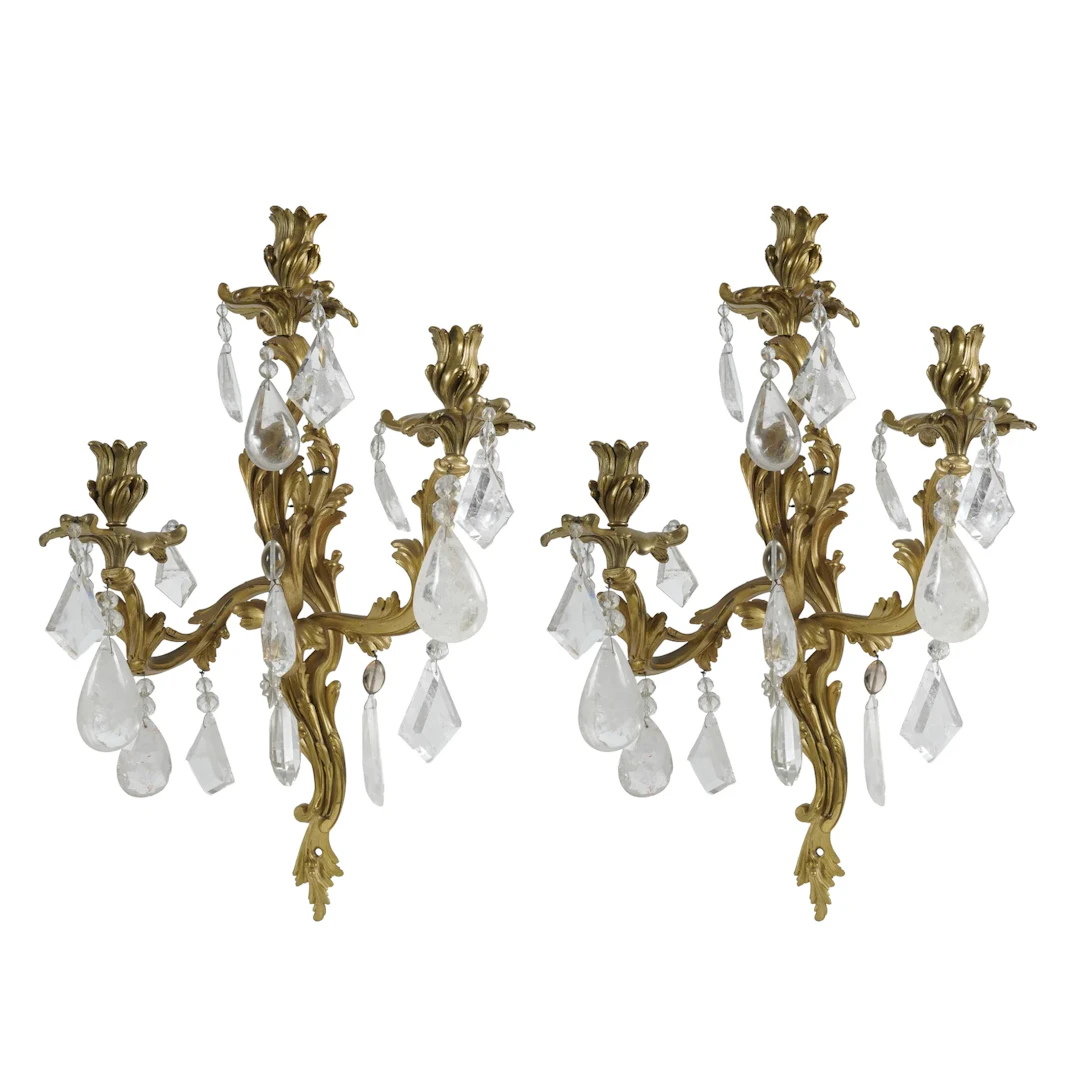 A Pair of French Louis XV-Style Gilt Bronze and Rock Crystal Sconces