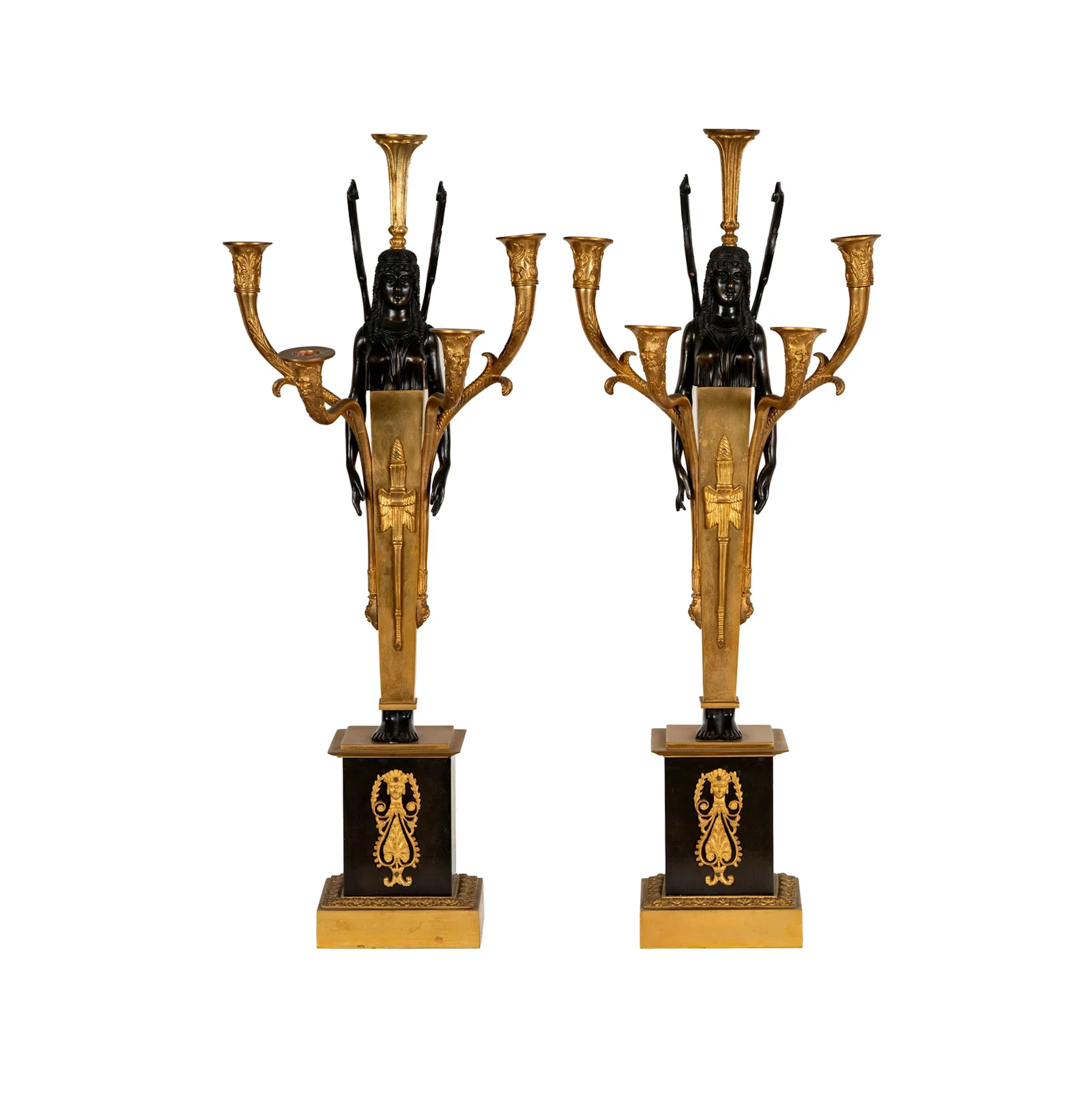 A Pair of French Empire Gilt and Patinated Bronze Egyptian Revival