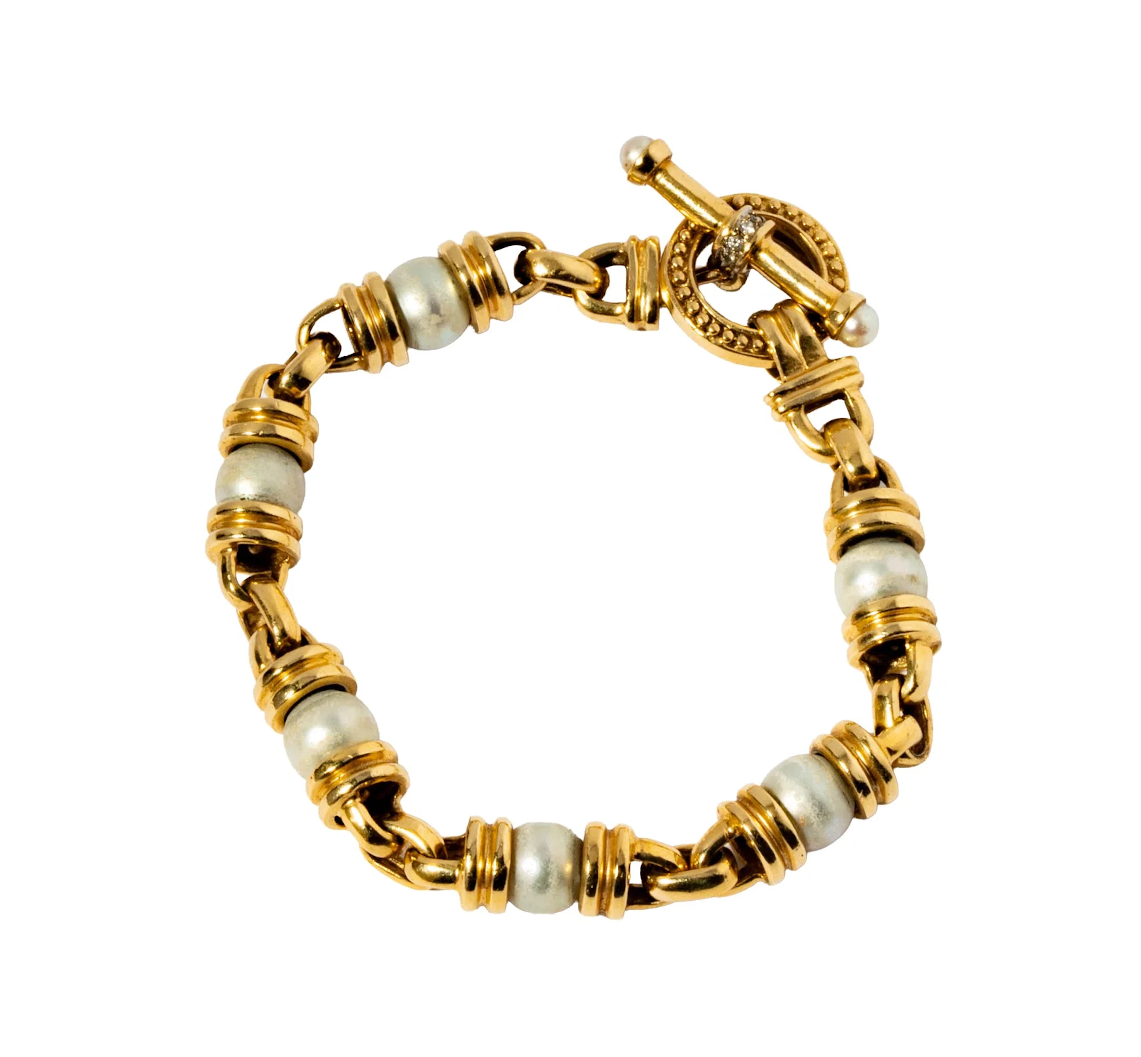 14-Karat Yellow Gold Pearl and Diamond Toggle Bracelet