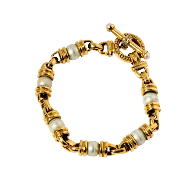 14-Karat Yellow Gold Pearl and Diamond Toggle Bracelet