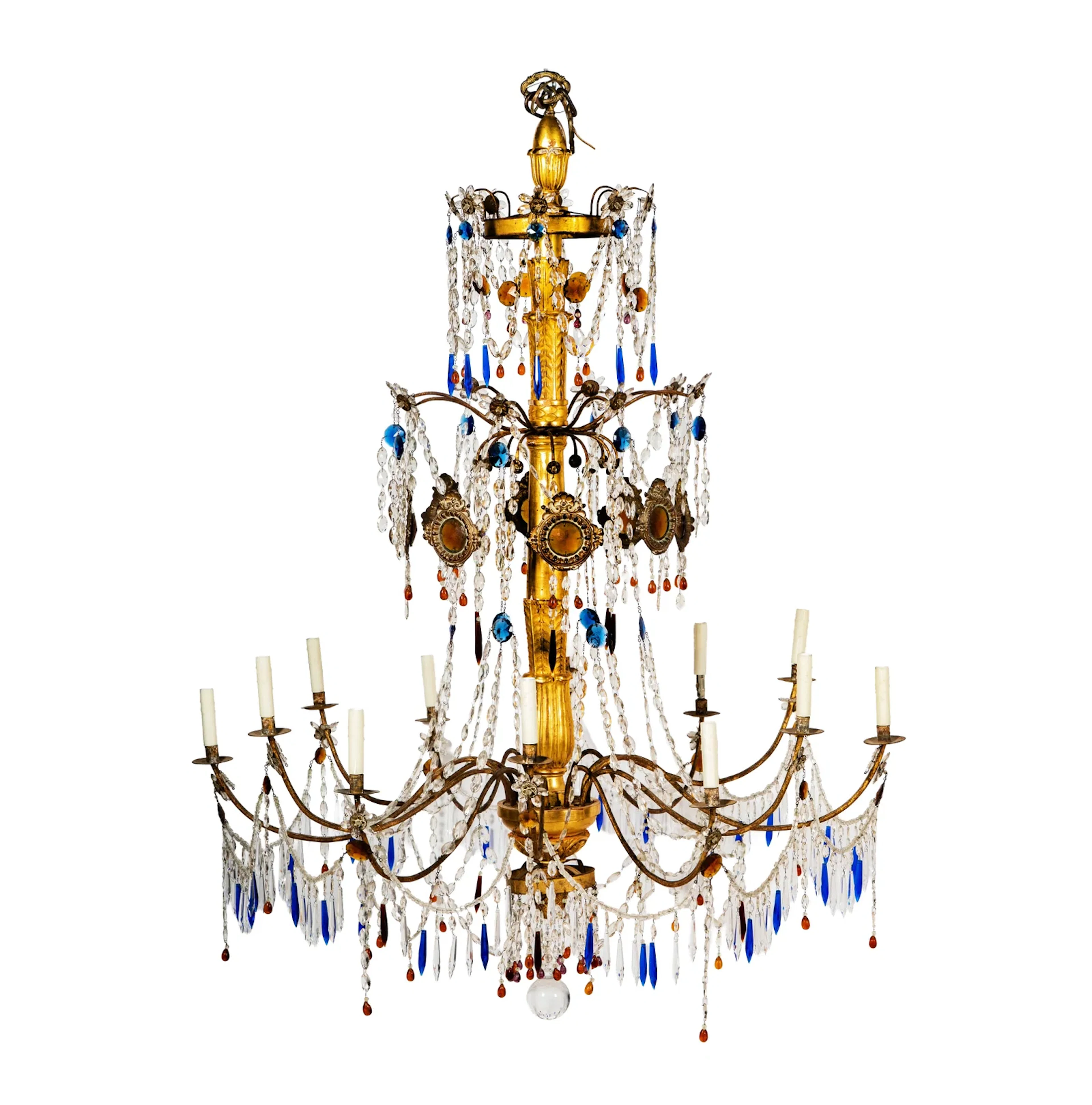 An Italian Neoclassical Giltwood and Colored Glass Chandelier