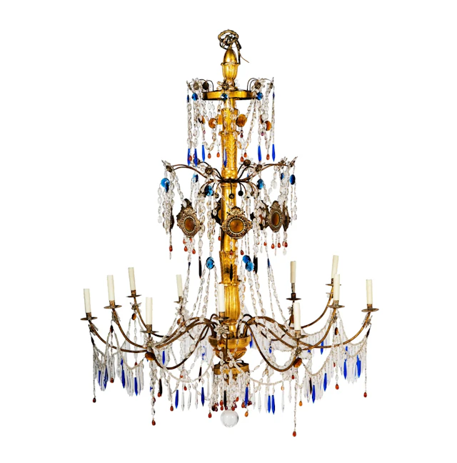 An Italian Neoclassical Giltwood and Colored Glass Chandelier