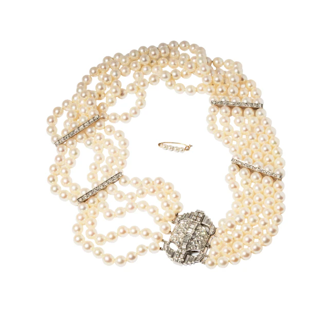 14-Karat White Gold Cultured Pearl Five Strand Necklace with Diamond