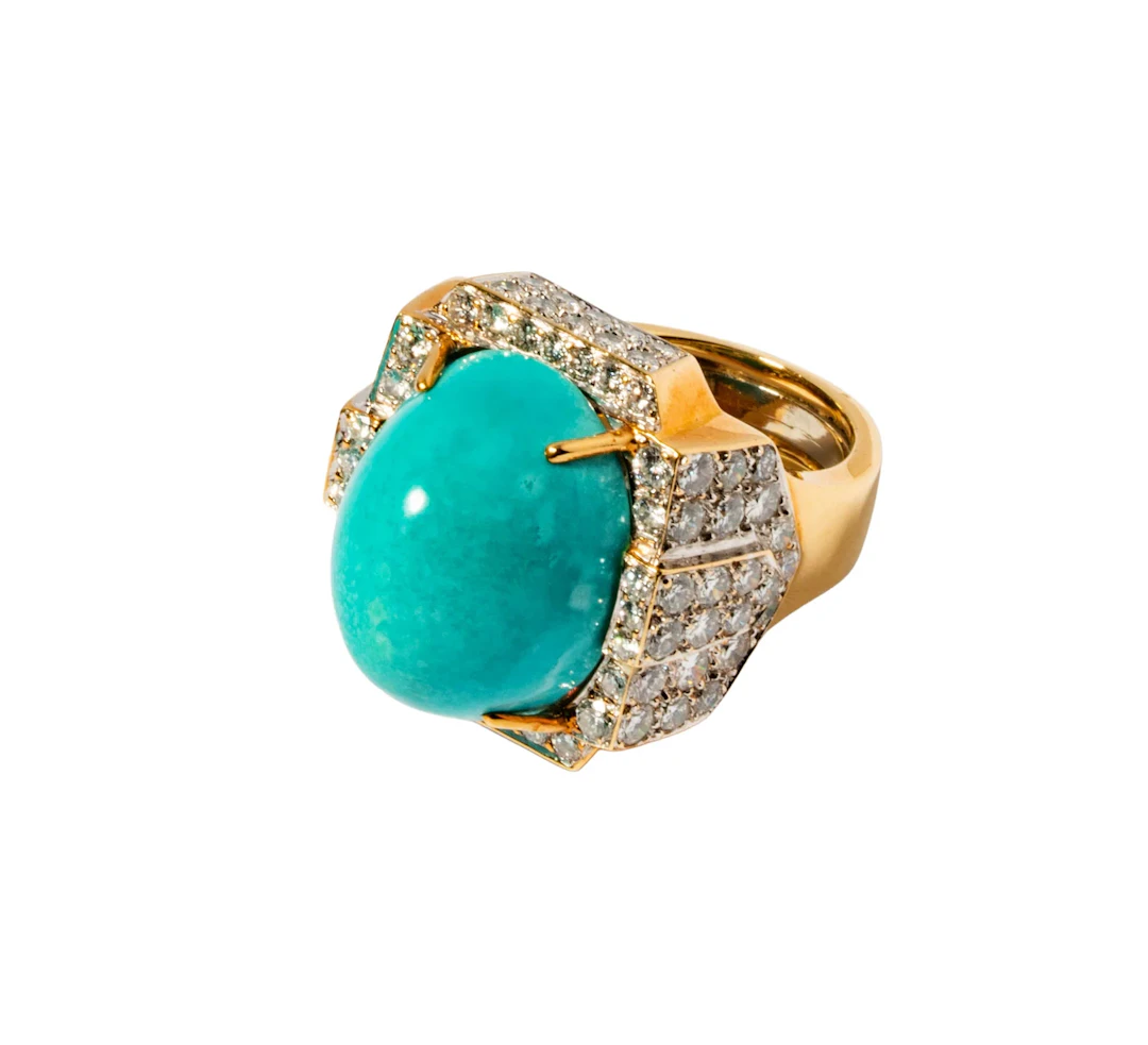 David Webb 18 Karat Yellow Gold, Platinum, Diamond and Turquoise Ring