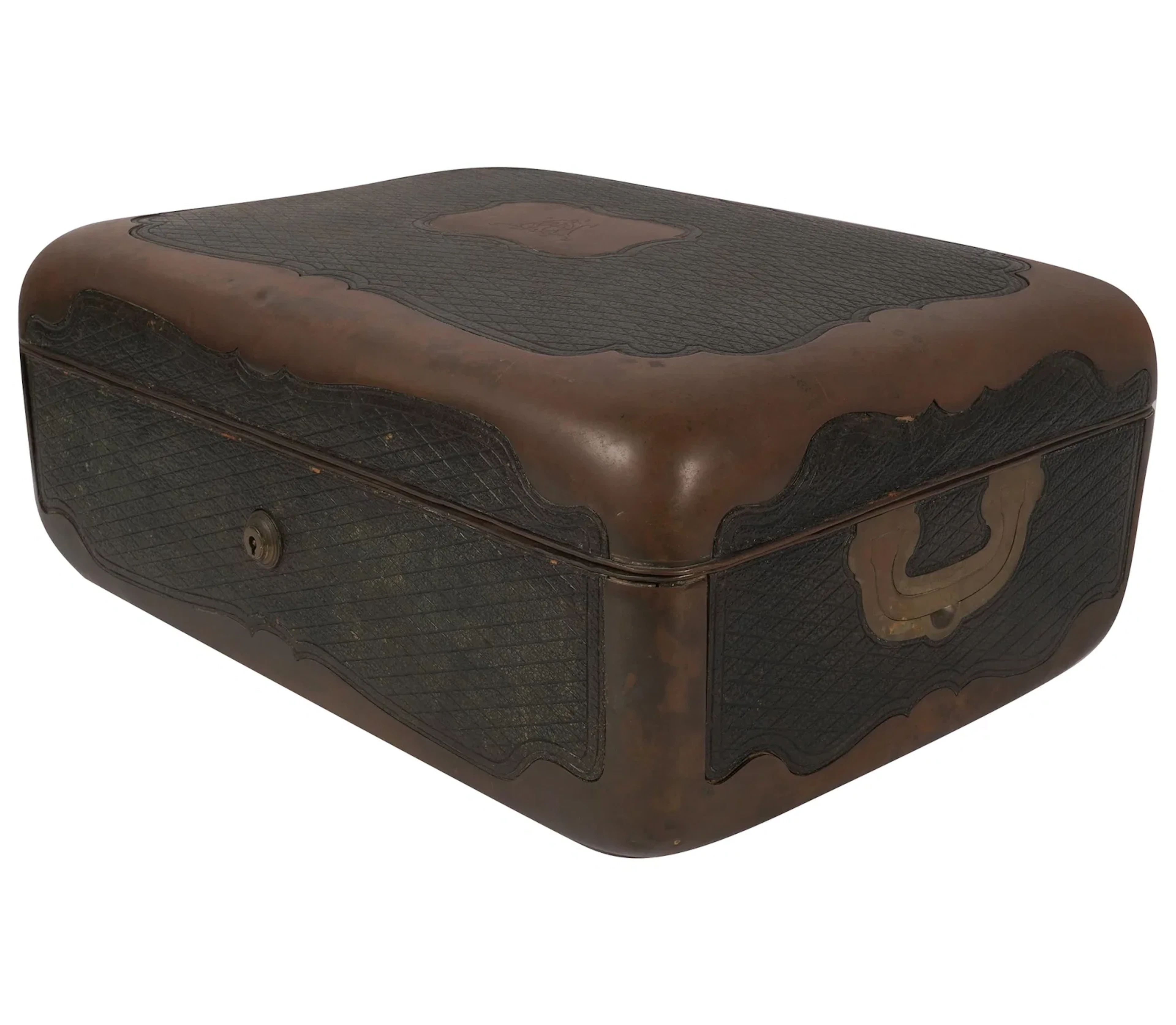 Vintage Brass-Clad and Tooled Leather Jewelry Case
