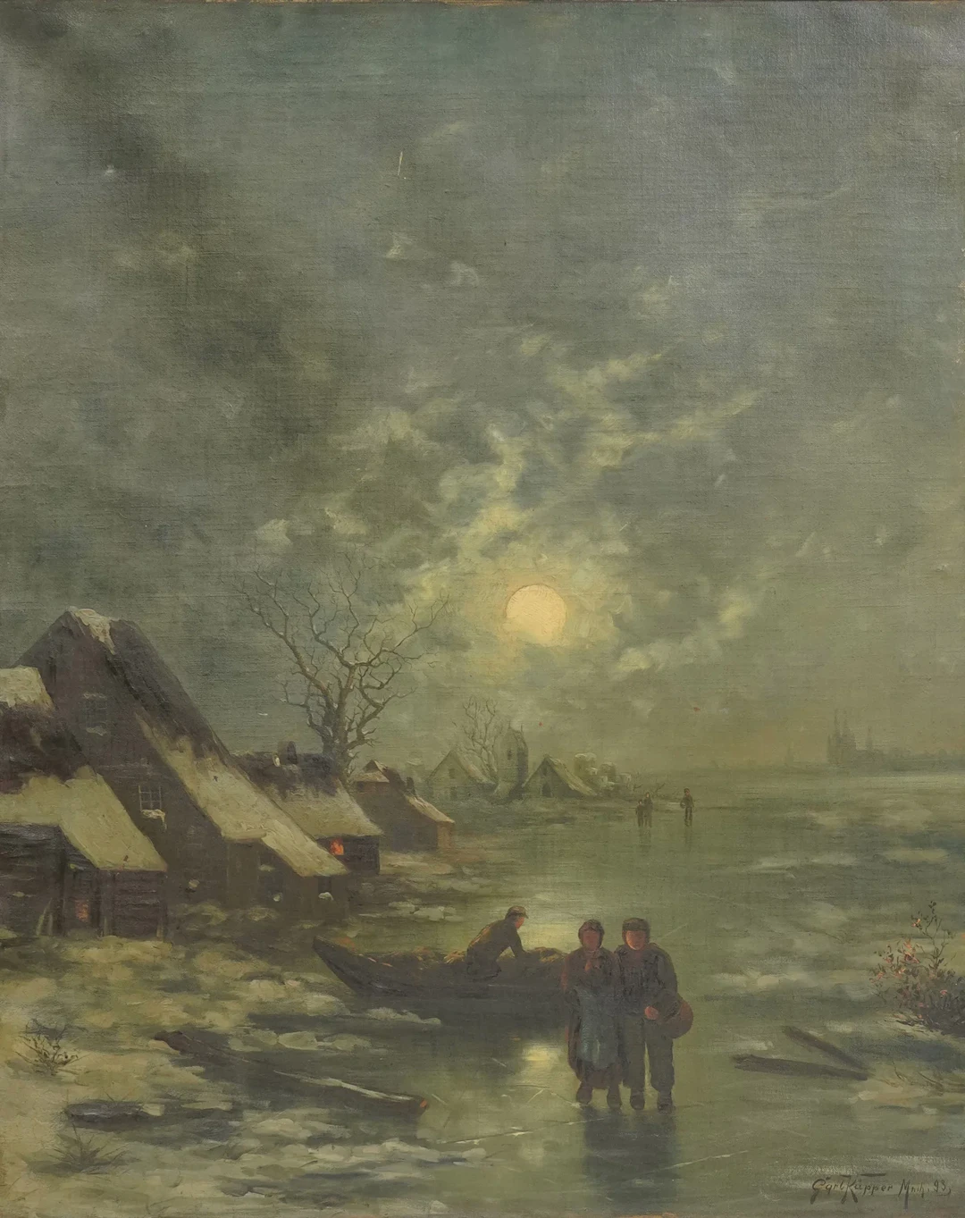 Winter Nocturne Scene oil on canvas