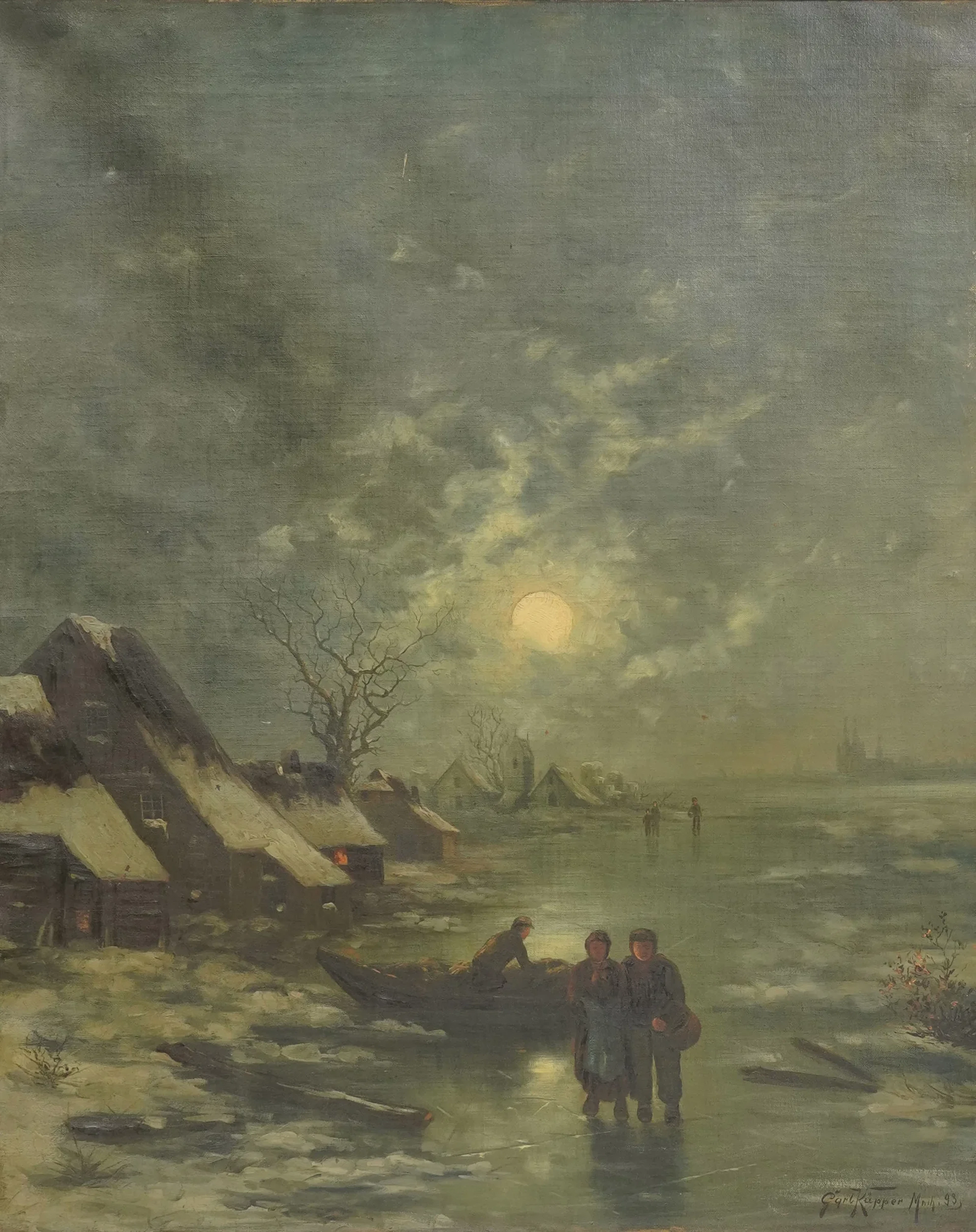 Winter Nocturne Scene oil on canvas