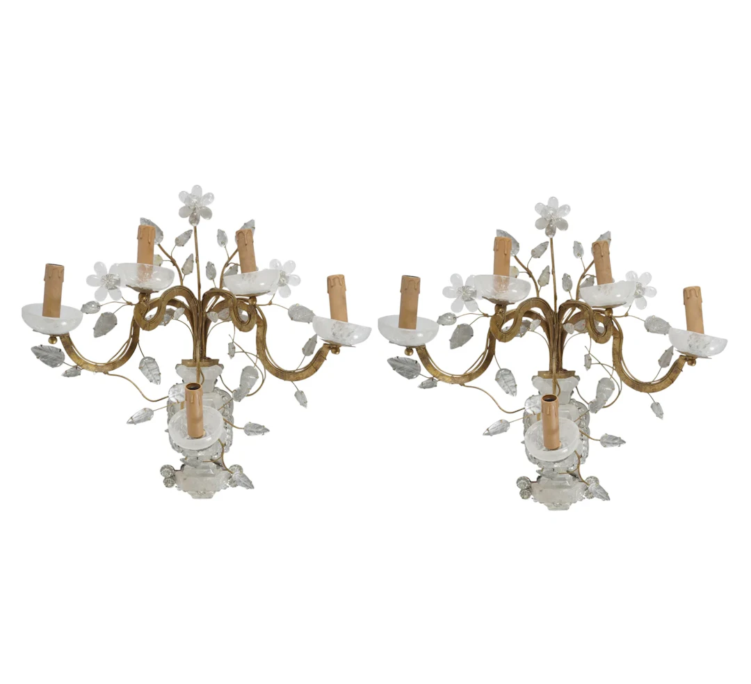 A Pair of French Gilt Iron and Rock Crystal Sconces