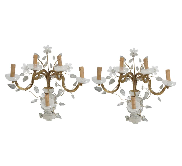 A Pair of French Gilt Iron and Rock Crystal Sconces
