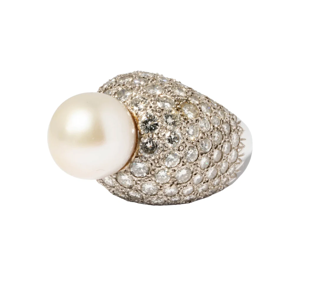 14-Karat White Gold Cultured South Sea Baroque Pearl and Diamond Ring
