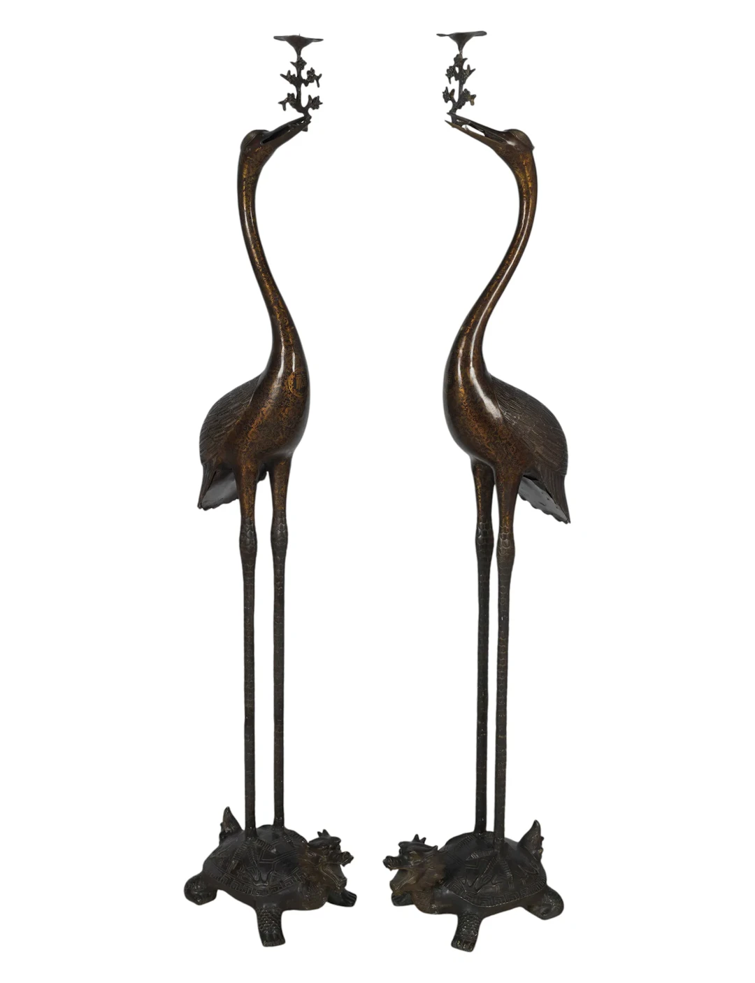 A Pair of Lacquered Bronze Cranes on Turtles