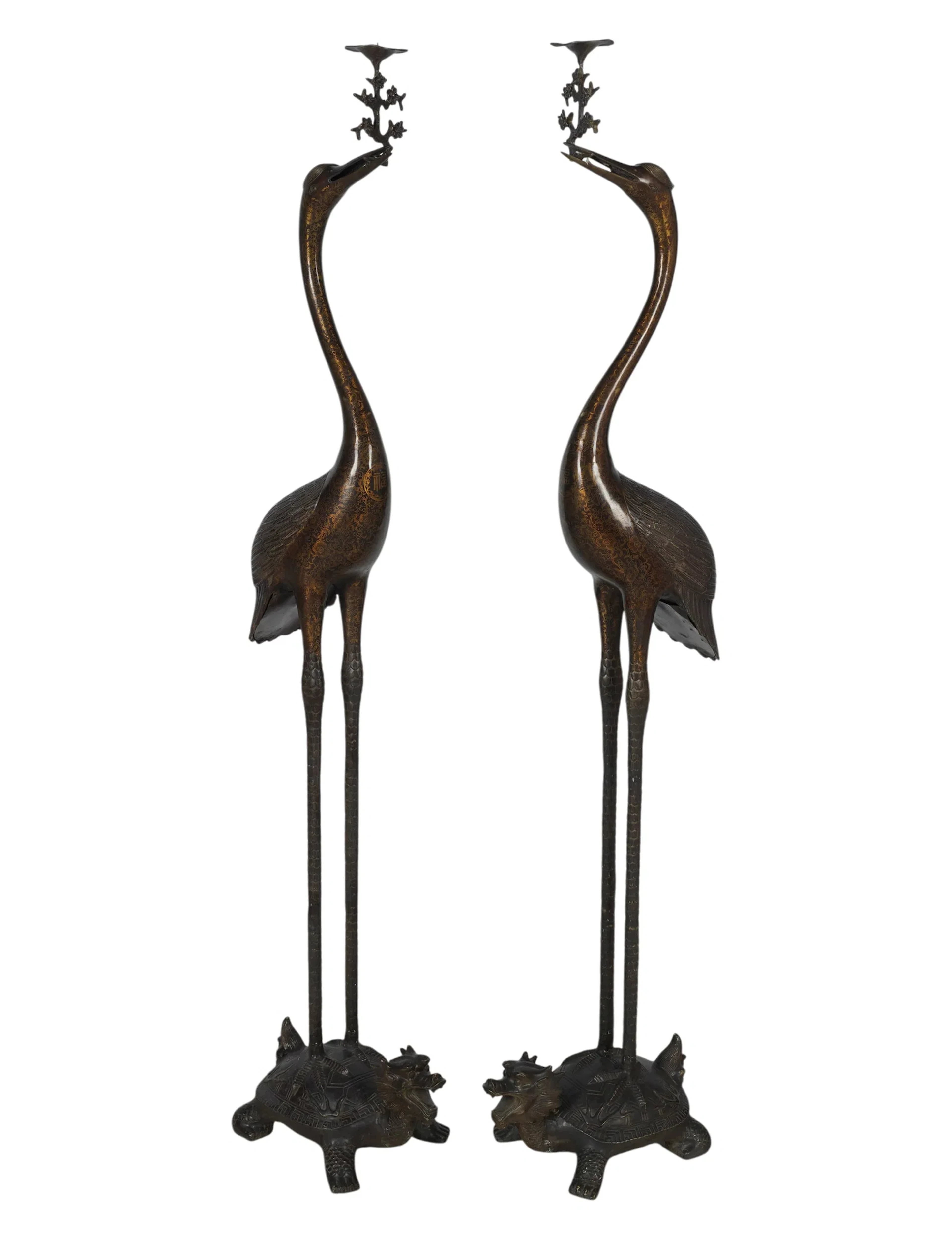 A Pair of Lacquered Bronze Cranes on Turtles