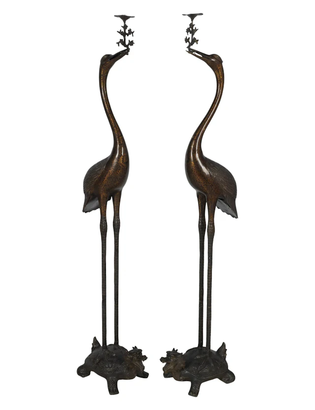 A Pair of Lacquered Bronze Cranes on Turtles